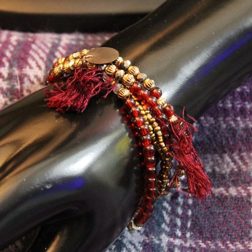 Stretch Bracelets Glass Red, Bronze,  Beaded Lot of Five
